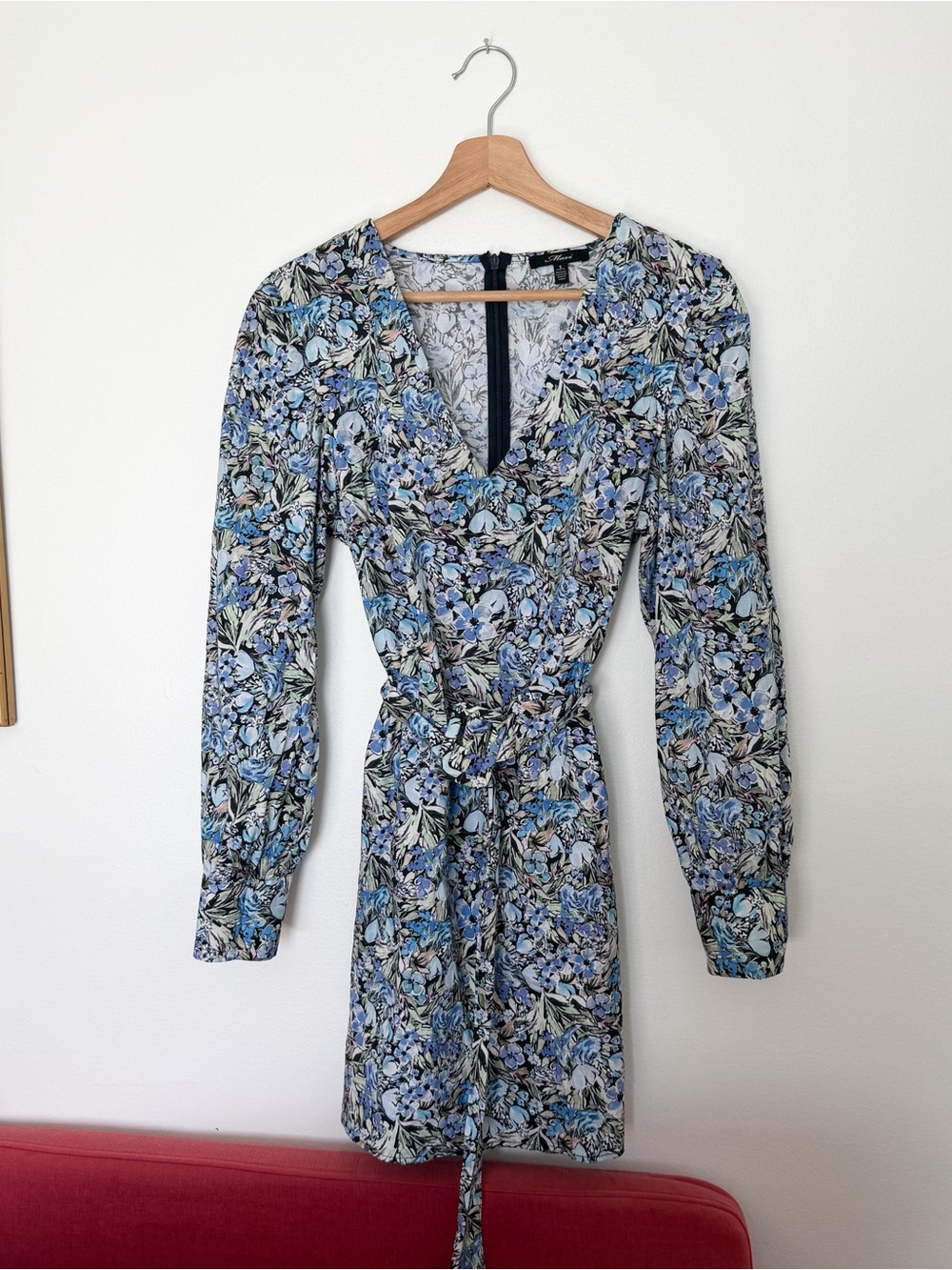 Mavi Blue Floral Puff Sleeve Belted Mini Dress Deep V neck